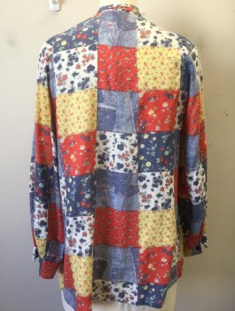 N/L, Multi-color, Denim Blue, Red, White, Lt Yellow, Cotton, Patchwork, Floral, Faux "Patchwork" Pattern with Faux Denim and Various Floral Squares, Long Sleeve Button Front, Peter Pan Collar, Rounded Bib Yoke,