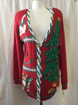 NORDSTROM, Red, Green, White, Brown, Ramie, Cotton, Holiday, Stripes, Green White Stripped Trim, Xmas Tree, Teddy Bear, Swan, Wooden Horses, Presents Appliqué, Shoulder Pads