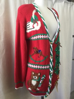 NORDSTROM, Red, Green, White, Brown, Ramie, Cotton, Holiday, Stripes, Green White Stripped Trim, Xmas Tree, Teddy Bear, Swan, Wooden Horses, Presents Appliqué, Shoulder Pads