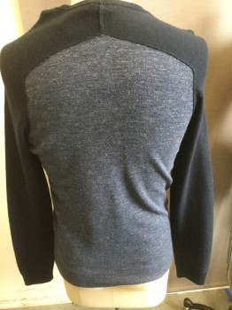 Mens, Pullover Sweater, VINCE, Navy Blue, Blue, Wool, Solid, M, Heather Blue Body with Navy Shoulders/ Sleeves/ Crew Neck,
