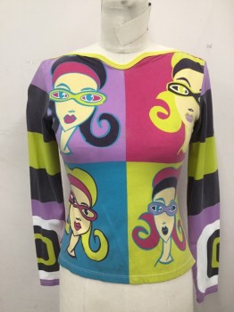 WALPAI, Lavender Purple, Neon Green, Faded Black, Hot Pink, Teal Blue, Polyamide, Novelty Pattern, Color Blocking, 4 Mod Female Faces in Squares, Long Sleeves, Neon Green Boat Neck with Center Front Dip (Dirty Near Front Hem)