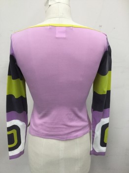 WALPAI, Lavender Purple, Neon Green, Faded Black, Hot Pink, Teal Blue, Polyamide, Novelty Pattern, Color Blocking, 4 Mod Female Faces in Squares, Long Sleeves, Neon Green Boat Neck with Center Front Dip (Dirty Near Front Hem)