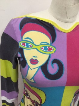 Womens, Shirt, WALPAI, Lavender Purple, Neon Green, Faded Black, Hot Pink, Teal Blue, Polyamide, Novelty Pattern, Color Blocking, S, 4 Mod Female Faces in Squares, Long Sleeves, Neon Green Boat Neck with Center Front Dip (Dirty Near Front Hem)