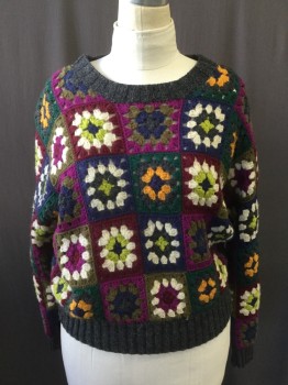 Womens, Pullover, BRASS PLUM, Charcoal Gray, Olive Green, Fuchsia Pink, White, Navy Blue, Wool, Patchwork, Floral, M, Crew Neck, Knit Patchwork Floral Squares