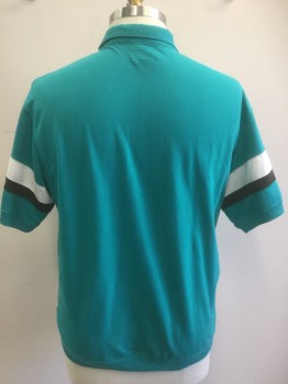 TOWNCRAFT, Teal Green, Black, White, Polyester, Cotton, Color Blocking, Short Sleeves, Polo, 1 Pocket, Knit, Modeled on 44