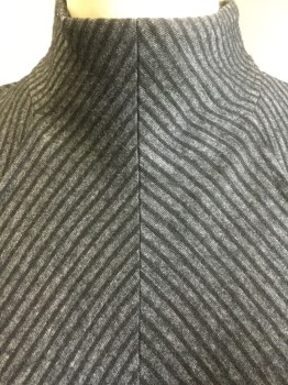 R HELLER, Charcoal Gray, Black, Wool, Chevron, Charcoal with Black Stripes Chevron Stripes,  Mock Neck, Long Sleeves, 1/2 Button Front Back and Zipper Skirt