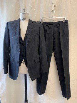 HUGO BOSS, Charcoal Gray, Lt Gray, Brown, Wool, Stripes - Pin, Stripes - Vertical , Notched Lapel, Single Breasted, Button Front, 2 Buttons, 3 Pockets