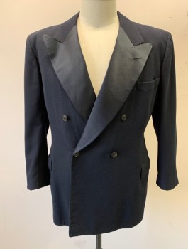 Mens, Formal Jacket, N/L, Black, Wool, Solid, 46R, Tuxedo Jacket, Double Breasted, Large Satin Peaked Lapel, 3 Pockets, Late 1930's - Dated 9/13/1939
