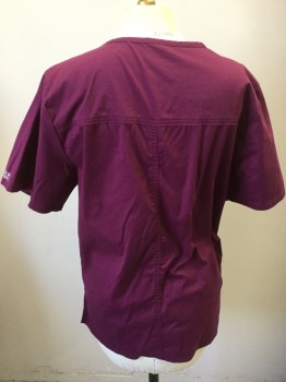 CHEROKEE, Red Burgundy, Poly/Cotton, Solid, V-neck, Short Sleeves, 3 Pockets