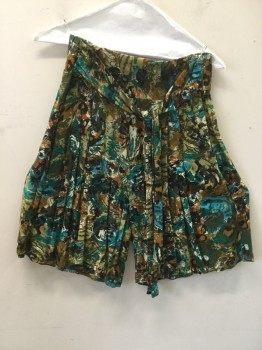 Womens, Shorts, BETTY & SHEILA, Green, Olive Green, Dk Olive Grn, Turquoise Blue, Orange, Cotton, Floral, Abstract , W28, M, Culotte Shorts, 3" Waistband, Pleated, Elastic Smocked Back Waist, 2 Pockets, Attached Front Pleated Tie Belt,