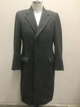Mens, Coat, LIMITED EDITION, Gray, Dk Gray, Wool, Herringbone, 40, Single Breasted, Notched Lapel, 3 Buttons, 3 Pockets, Covered Button Placket, Solid Black Lining