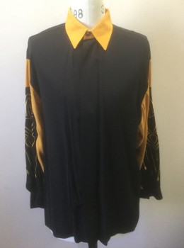VARJA, Black, Rayon, Solid, Abstract , Mustard Collar and Panels on Sleeves, Long Sleeve Button Front, Mustard Embroidery on Sleeves, Oversized, Early 1990s