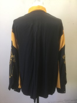 VARJA, Black, Rayon, Solid, Abstract , Mustard Collar and Panels on Sleeves, Long Sleeve Button Front, Mustard Embroidery on Sleeves, Oversized, Early 1990s