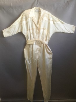 Womens, Jumpsuit, NOMI RUBENSTEIN, Cream, Off White, Silk, Solid, Floral, B38-42, Sz.L, W:32, Cream Satin with Off-White Floral and Lace Panels, Gold Studs and Clear Large Gemstones Throughout, 3/4 Dolman Sleeves, Padded Shoulders,  ***With Matching Belt **Snaps Added in Place of Buttons, Hem is Stained