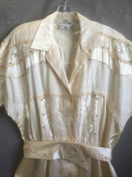 NOMI RUBENSTEIN, Cream, Off White, Silk, Solid, Floral, Cream Satin with Off-White Floral and Lace Panels, Gold Studs and Clear Large Gemstones Throughout, 3/4 Dolman Sleeves, Padded Shoulders,  ***With Matching Belt **Snaps Added in Place of Buttons, Hem is Stained