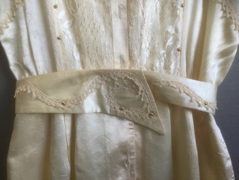 Womens, Jumpsuit, NOMI RUBENSTEIN, Cream, Off White, Silk, Solid, Floral, B38-42, Sz.L, W:32, Cream Satin with Off-White Floral and Lace Panels, Gold Studs and Clear Large Gemstones Throughout, 3/4 Dolman Sleeves, Padded Shoulders,  ***With Matching Belt **Snaps Added in Place of Buttons, Hem is Stained