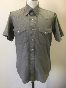 Mens, Western Shirt, RUDDOCK, Gray, White, Cotton, Polyester, 2 Color Weave, 15.5 N, M, Short Sleeves, Snap Front, Collar Attached, Light Smoky Gray/Silver Snaps, Western Style Yoke, 2 Pockets with Snap Closures,