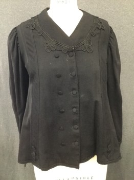 N/L, Black, Wool, Solid, Covered Button Closure at Center Front, Black Lace Trim at V. Neck & Cuffs. Both Cuffs Need Repair, Some Sun Damage on Shoulders, , Small Holes at Front,
