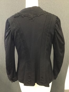 N/L, Black, Wool, Solid, Covered Button Closure at Center Front, Black Lace Trim at V. Neck & Cuffs. Both Cuffs Need Repair, Some Sun Damage on Shoulders, , Small Holes at Front,