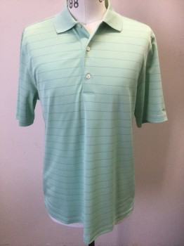 GREG NORMAN, Mint Green, Periwinkle Blue, Polyester, Stripes - Horizontal , Mint with Thin Horizontal Periwinkle Stripes, Short Sleeves, Solid Mint Ribbed Collar Attached, 3 Button Front