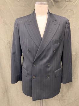 N/L, Midnight Blue, White, Wool, Stripes - Pin, Double Breasted, Collar Attached, Peaked Lapel, 3 Pockets, 6 Buttons,