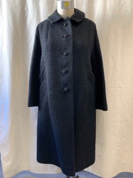 BROMLEIGH, Black, Wool, Solid, Boucle, Button Front, Collar Attached, 2 Pockets, 2 Faux Pockets, Long Sleeves