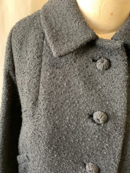 Womens, Coat, BROMLEIGH, Black, Wool, Solid, XL, Boucle, Button Front, Collar Attached, 2 Pockets, 2 Faux Pockets, Long Sleeves