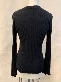 Womens, Pullover, JOIE, Black, Viscose, Wool, Solid, S, Scallopped Crew Neck, Ribbed Knit, Long Sleeves, Slight Bell Cuff