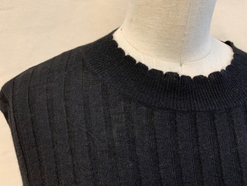 Womens, Pullover, JOIE, Black, Viscose, Wool, Solid, S, Scallopped Crew Neck, Ribbed Knit, Long Sleeves, Slight Bell Cuff