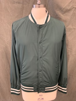 Mens, Casual Jacket, GOODFELLOW, Forest Green, Polyester, Solid, L, Snap Front, Long Sleeves, Green/White Stripe Ribbed Knit Collar/Waistband/Cuff