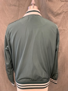 Mens, Casual Jacket, GOODFELLOW, Forest Green, Polyester, Solid, L, Snap Front, Long Sleeves, Green/White Stripe Ribbed Knit Collar/Waistband/Cuff