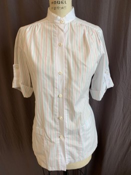Womens, Nurse, Top/Smock, G.A.L.S, White, Pink, Teal Blue, Gray, Polyester, Cotton, Stripes - Vertical , S, 1980s, Solid White Mandarin/Nehru Collar, Button Front Placket and Short Vertical Belt on Sleeves, 2 Pockets Bottom, NO BELT