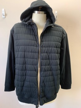 Mens, Casual Jacket, POLO RALPH LAUREN, Black, Cotton, Solid, 2XB, Black Horizontal Quilt, Light Padding, Attached Hood with D-string, Zip Front, 2 Side Pockets with Zipper, Ribbed Knit Long Sleeves Cuffs & Hem
