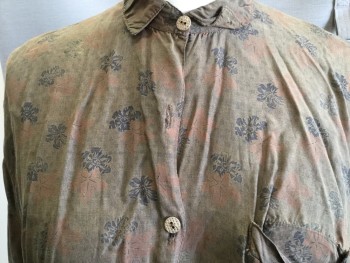Womens, Blouse, N/L, Brown, Black, Sienna Brown, Polyester, Silk, Floral, B 40, Long Sleeves, Missing Buttons, Collar Attached,