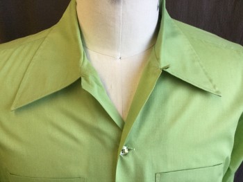 Mens, Shirt, ARROW WEEKENDS, Lime Green, Polyester, Cotton, Solid, 33.4, 16.5, Open Collar , Button Front, 2 Pockets, Long Sleeves, Late 1950's Early 1960's