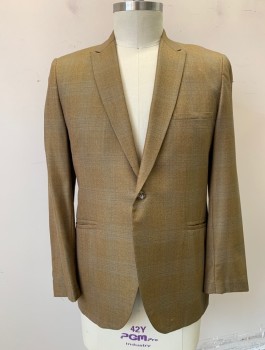 IMPERIAL CLOTHES, Ochre Brown-Yellow, Gray, Wool, Plaid-  Windowpane, Single Breasted, Thin Peaked Lapel, 1 Button, 3 Pockets, Striped Inside Lining,