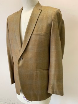 Mens, Blazer/Sport Co, IMPERIAL CLOTHES, Ochre Brown-Yellow, Gray, Wool, Plaid-  Windowpane, 42R, Single Breasted, Thin Peaked Lapel, 1 Button, 3 Pockets, Striped Inside Lining,