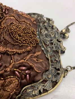 N/L, Brown, Silk, Beaded, Satin with Floral Beaded Appliques, Brass Floral Embossed Clasp Opening, Metal Chain Strap, Modern