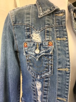 TRUE RELIGION, Denim Blue, Cotton, Solid, Button Front, Collar Attached, 2 Pockets, Western Yolk, True Religion Horse Shoe Pocket Embroidery, Distressed