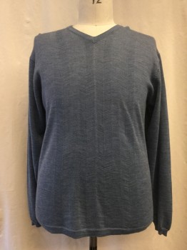 Mens, Pullover Sweater, VISITOR, Slate Blue, Wool, Acrylic, Heathered, L, V-neck, Self Stripe