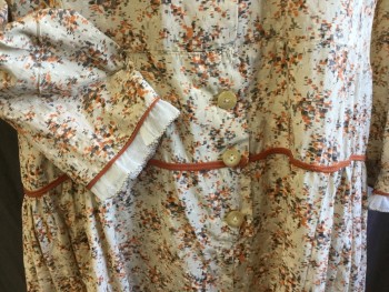 Womens, Dress, N/L, Tan Brown, Orange, Brown, Black, Cream, Polyester, Abstract , B46, L, W44, Sheer Cream, Dark Orange Piping Trim & Small Cream Ruffle with Brown Zig-zag Stitches Collar Attached, & Long Sleeves Hem, Button Front, Self Small Bow Tie at Neck, Dark Orange Thin Trim at Waist, Gathered Skirt