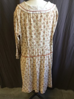Womens, Dress, N/L, Tan Brown, Orange, Brown, Black, Cream, Polyester, Abstract , B46, L, W44, Sheer Cream, Dark Orange Piping Trim & Small Cream Ruffle with Brown Zig-zag Stitches Collar Attached, & Long Sleeves Hem, Button Front, Self Small Bow Tie at Neck, Dark Orange Thin Trim at Waist, Gathered Skirt