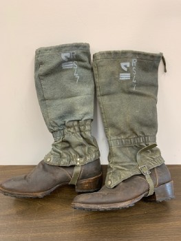 Mens, Sci-Fi/Fantasy Boots , N/L, Dk Brown, Green, Leather, 10, Brown Leather Heeled Boots, Green Cracked Leather Gaiters, Drawstring Top, Elastic Ankle, Leather Instep Buckle Strap, White Symbols and RS47 Spray Painted on Side of Gaiter