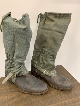 N/L, Dk Brown, Green, Leather, Brown Leather Heeled Boots, Green Cracked Leather Gaiters, Drawstring Top, Elastic Ankle, Leather Instep Buckle Strap, White Symbols and RS47 Spray Painted on Side of Gaiter