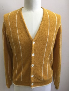 N/L, Goldenrod Yellow, Cream, Orlon Acrylic, Stripes - Vertical , Cardigan, V-neck, 5 Mother of Pearl Buttons,