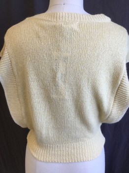 Womens, Vest, HOT CONNECTION, Yellow, Off White, Silk, Linen, Heathered, M, Ribbed Knit Round Neck,  Open Side with Off WhiteTrim & Hem