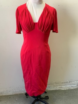 Womens, Dress, Short Sleeve, KAREN MILLEN, Cherry Red, Viscose, Elastane, Solid, Sz.8, Flowy Gathered Short Sleeves, V-neck, Gathered Bust, Form Fitting Wiggle Dress, Just Below Knee Length, Invisible Zipper in Back
