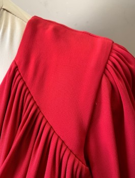 Womens, Dress, Short Sleeve, KAREN MILLEN, Cherry Red, Viscose, Elastane, Solid, Sz.8, Flowy Gathered Short Sleeves, V-neck, Gathered Bust, Form Fitting Wiggle Dress, Just Below Knee Length, Invisible Zipper in Back