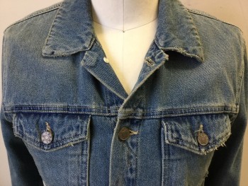 Mens, Jean Jacket, TOPMAN, Blue, Cotton, Faded, S, Button Front, Collar Attached, 4 Pockets, Aged/Distressed,