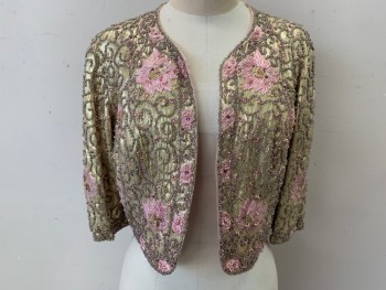 Womens, 1960s Vintage, Piece 2, FANTASIA, Gold, Lt Pink, Lurex, Beaded, Floral, Swirl , W28, B36, H39, Cropped Jacket, 3/4 Sleeves, Round Neck,  No Closures, Shiny Gold with Embroidered Flowers, Beaded Swirls and Pearls